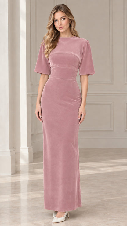 Model wearing dusty pink velvet short sleeve maxi evening dress