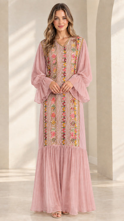 Blush pink embroidered-style panel maxi dress with tiered skirt