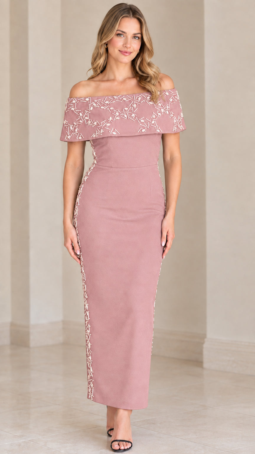Dusty pink off-the-shoulder beaded trim column maxi evening gown