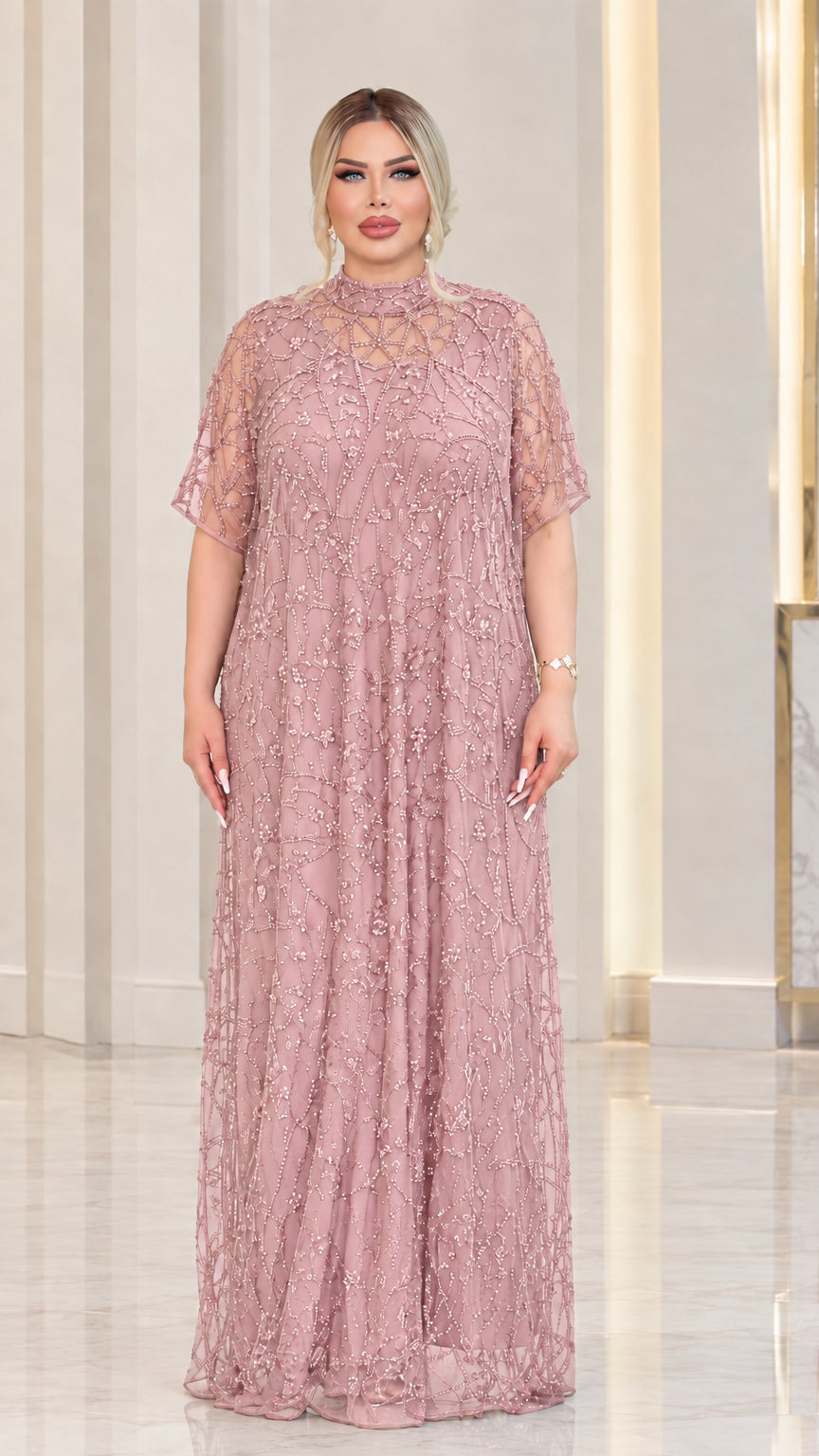 Dusty pink embellished high neck short sleeve maxi evening gown