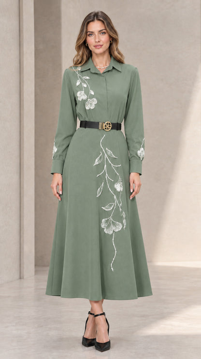 Front full view of sage green embroidered long sleeve midi shirt dress