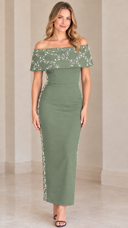 Sage green off-the-shoulder embellished column formal maxi dress
