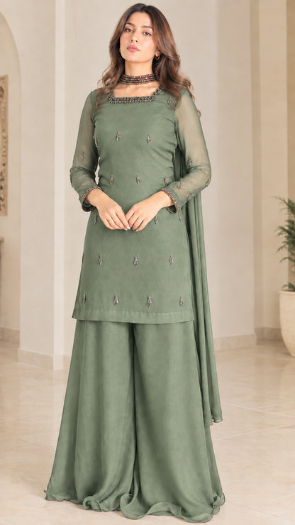 Sage green beaded tunic and wide-leg trousers 3-piece set