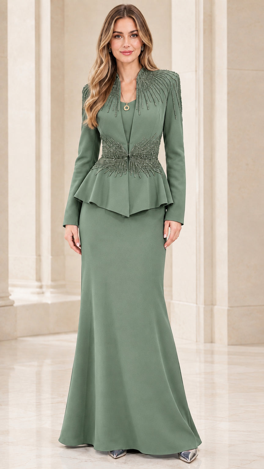 Sage green beaded peplum jacket floor-length formal gown