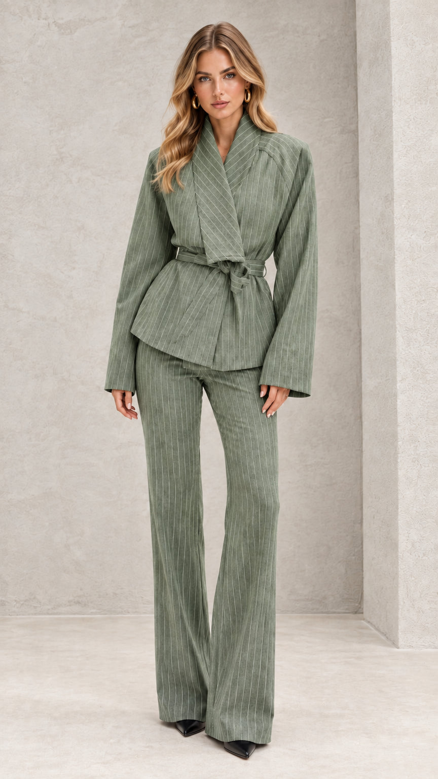 Front view of model wearing sage green pinstripe wrap blazer and flare pants