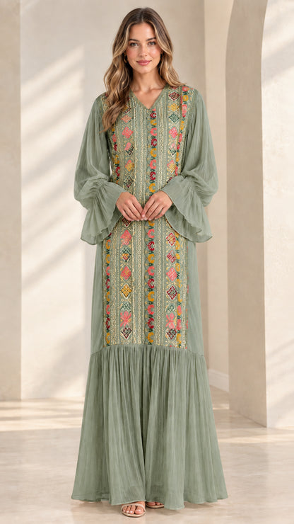 Sage green embroidered-style panel maxi dress with flowing hem