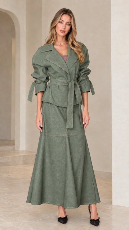 Front view of sage green two-piece belted jacket and matching maxi skirt