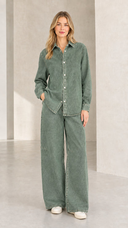 Full front view of sage green denim two-piece outfit