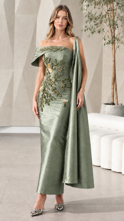 Full front view of Sage Green Asymmetrical Beaded Cape Evening Gown