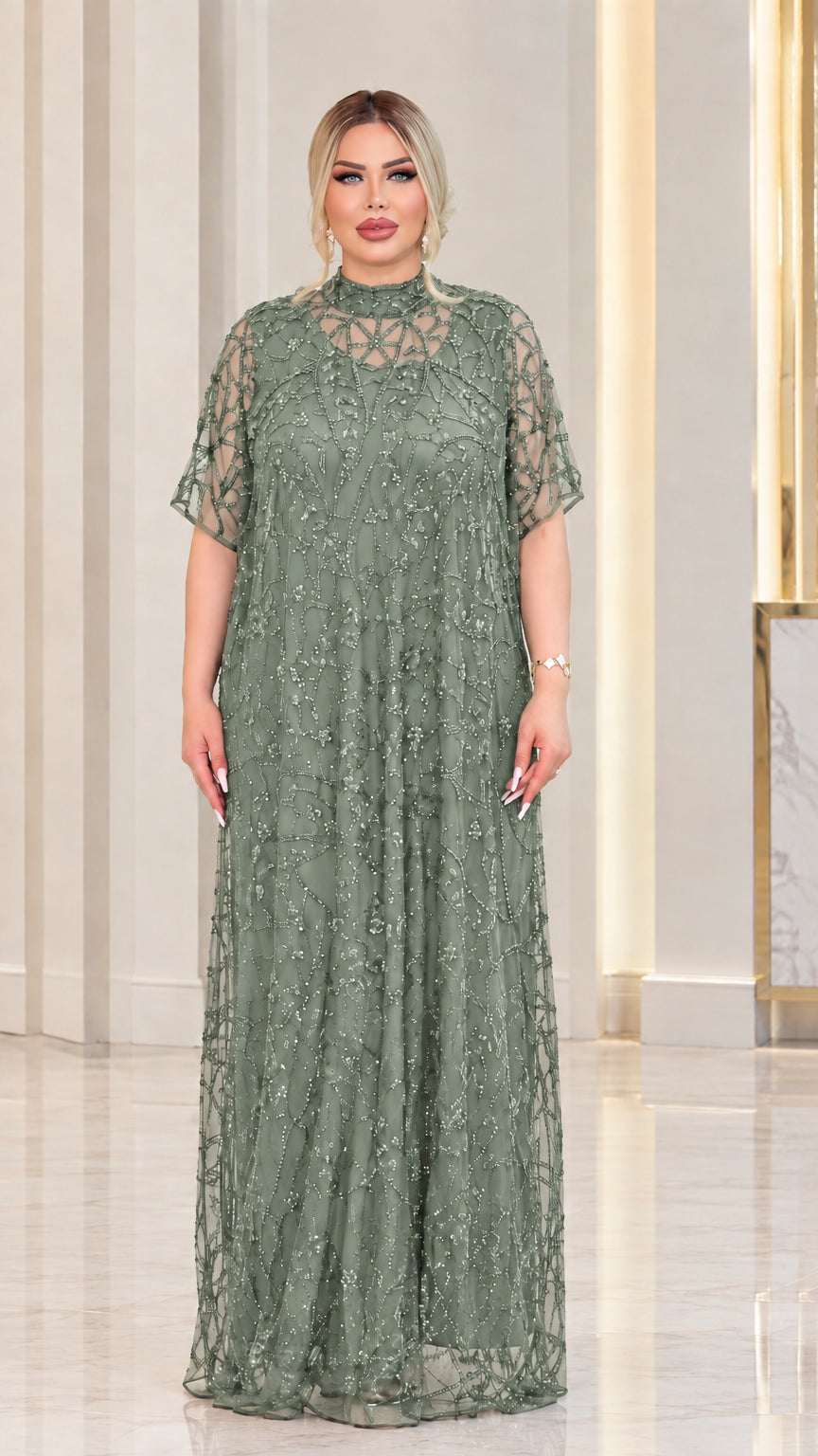 Sage green beaded sheer mesh short sleeve formal maxi dress
