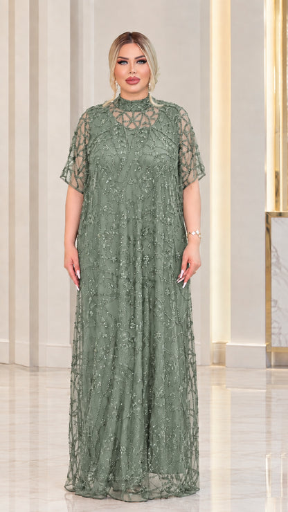 Sage green beaded sheer mesh short sleeve formal maxi dress