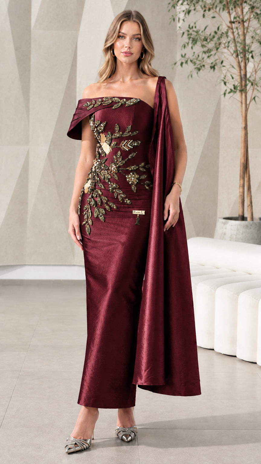 Full front view of Burgundy Asymmetrical Beaded Cape Evening Gown