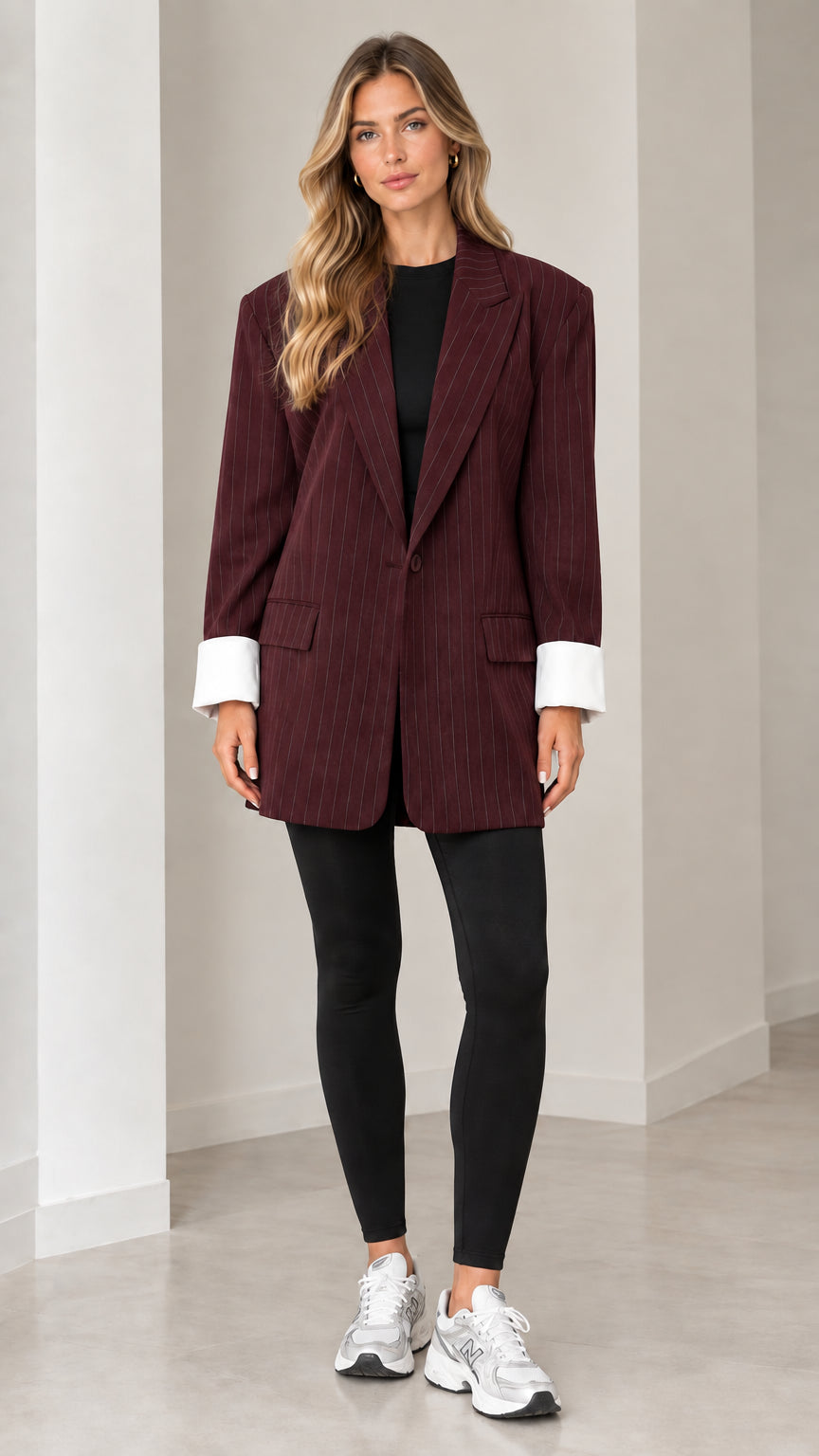 Front view of model wearing burgundy wine pinstripe oversized blazer with white cuffs
