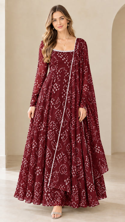 Front view of wine red printed flared long sleeve maxi gown