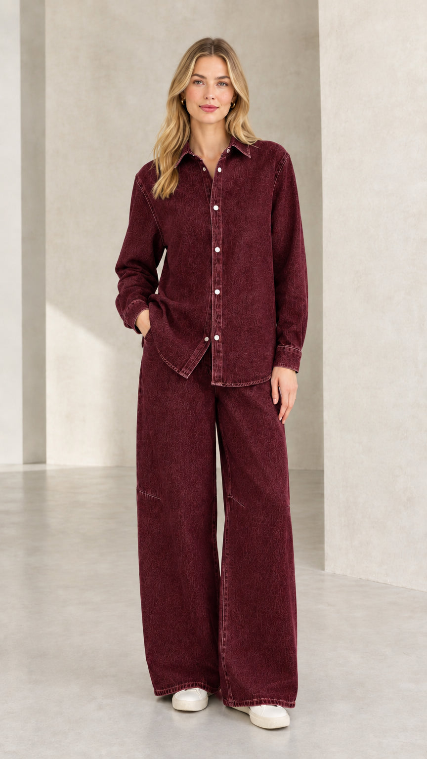 Full front view of burgundy red denim button-up shirt and wide-leg pants set