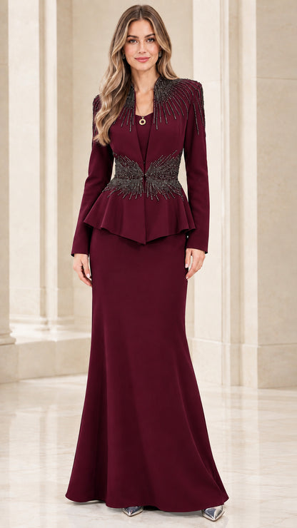 Burgundy wine beaded peplum formal evening dress