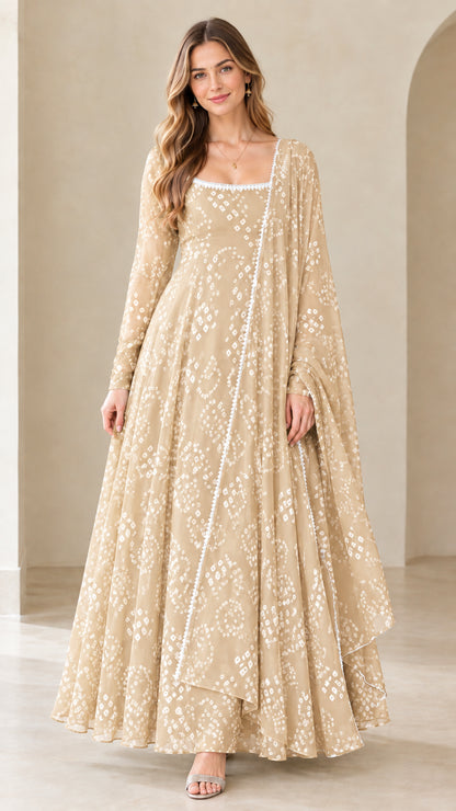 Front view of champagne beige printed flared long sleeve maxi gown