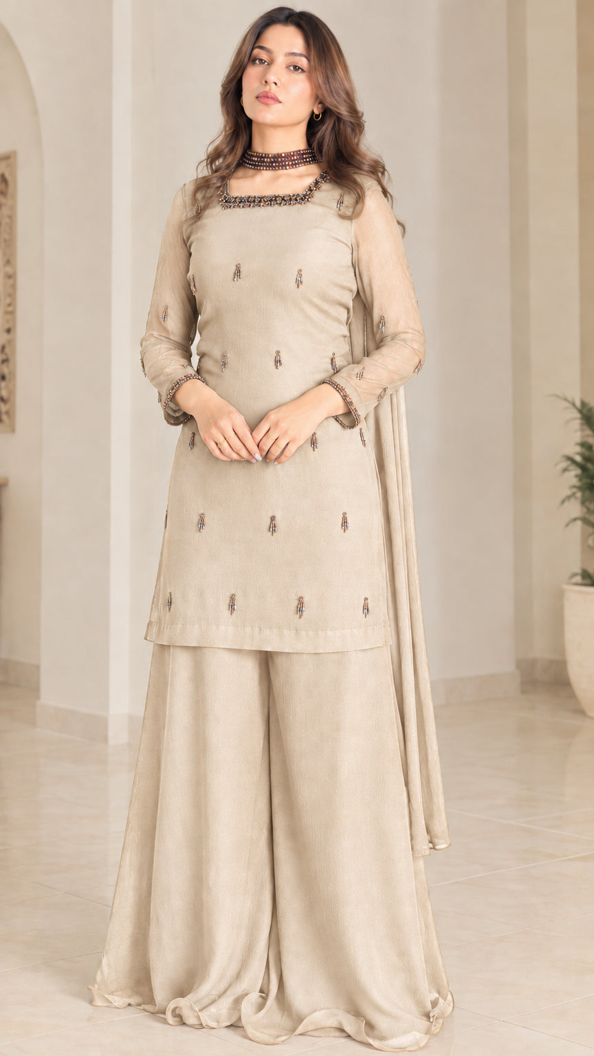 Champagne beige embellished tunic and flared sharara suit set