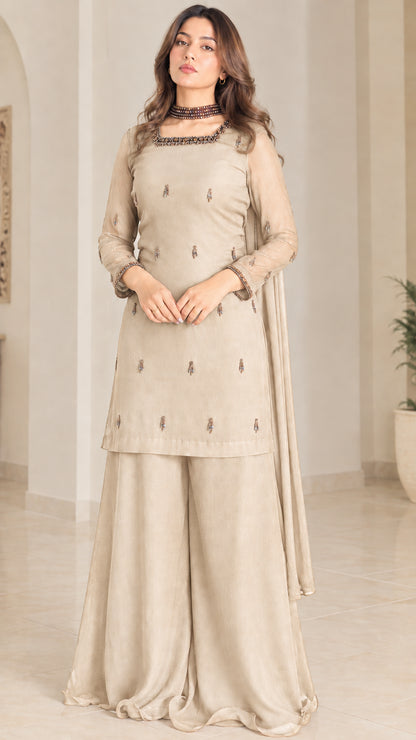 Champagne beige embellished tunic and flared sharara suit set