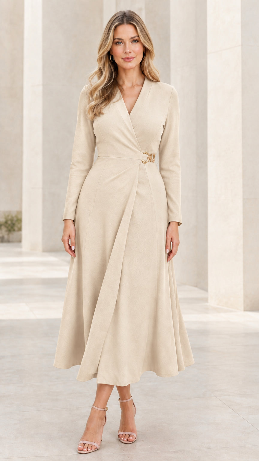 Front view of woman wearing beige cream long sleeve wrap midi dress